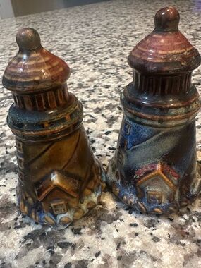 Handmade Ceramic Lighthouse Salt & Pepper Shakers.